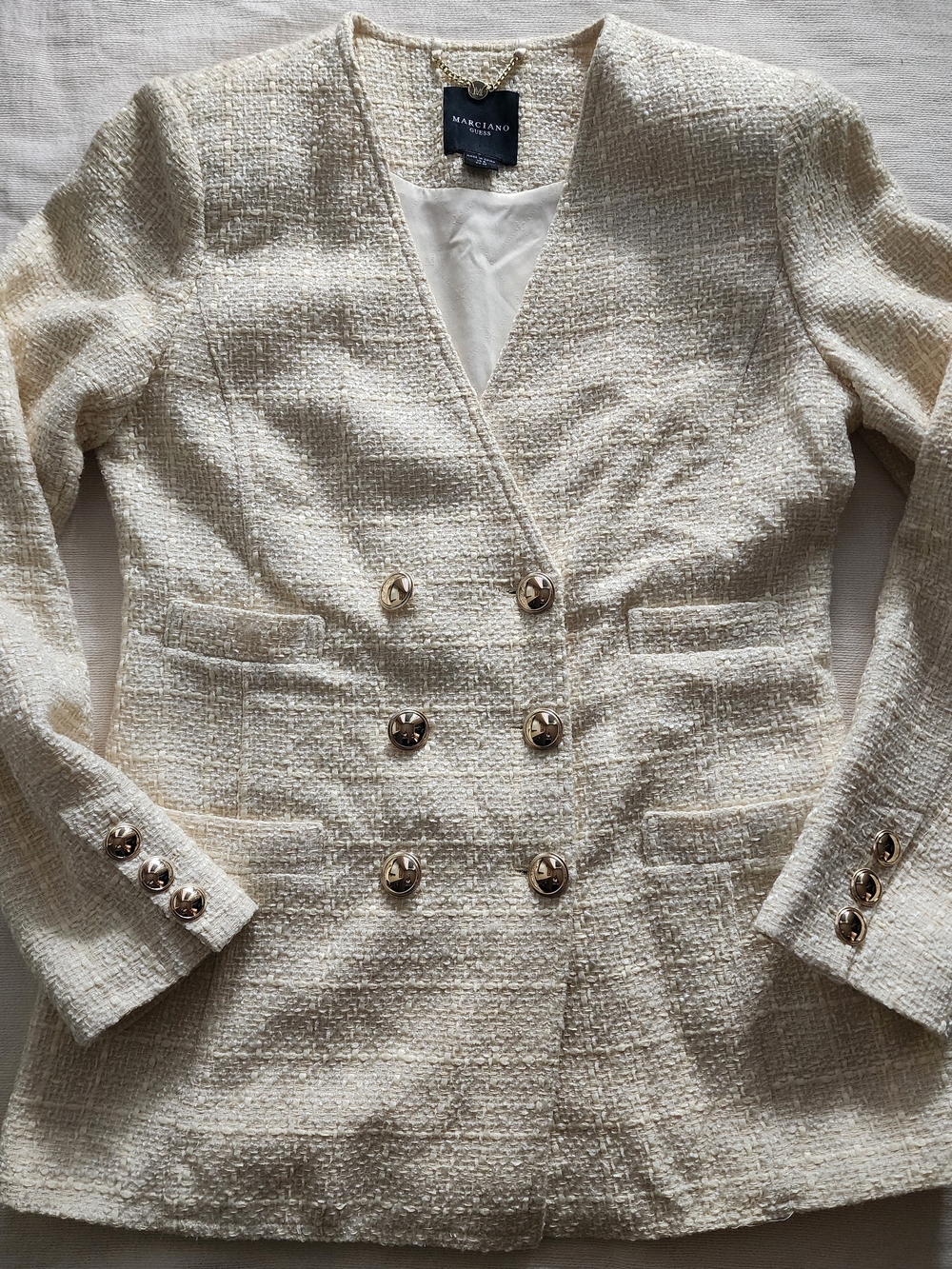 Marciano by Guess Cream Tweed Double-Breasted Blazer with Gold Buttons Size 6
